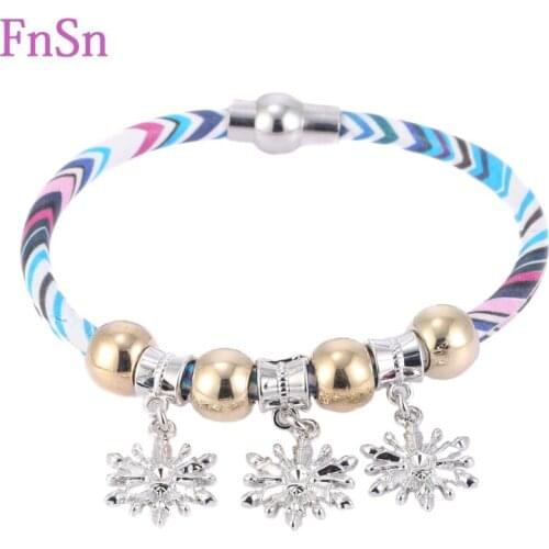 FnSn 2016 Hot Bracelets For Women Magnetic Clasp Leather Strand Rope Bracelet With Colorful Pattern Bracelets Jewelry For Gift
