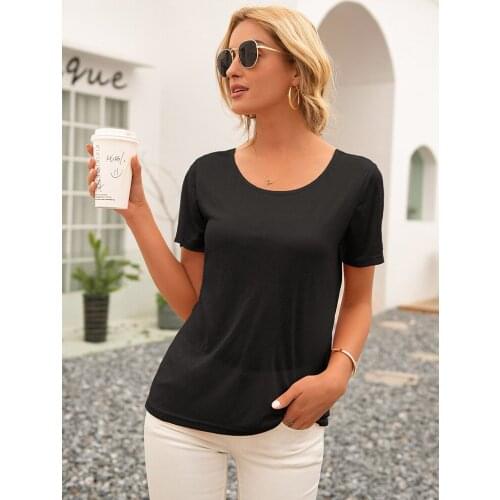 Summer New Simple Temperament Sexy Open Back Hollow Round Neck Short Sleeve Solid Color Summer T-Shirt Womens Top