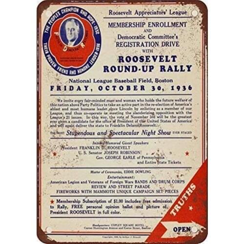 1936 Roosevelt Round Up Rally Retro Metal Tin Sign Plaque Poster Wall Decor Art Shabby Chic Gift
