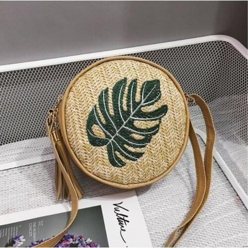2021 Pineapple Embroidered Round Straw Bags Women Summer Rattan Bag Handmade Woven Beach Crossbody Bag Circle Bohemia Handbag