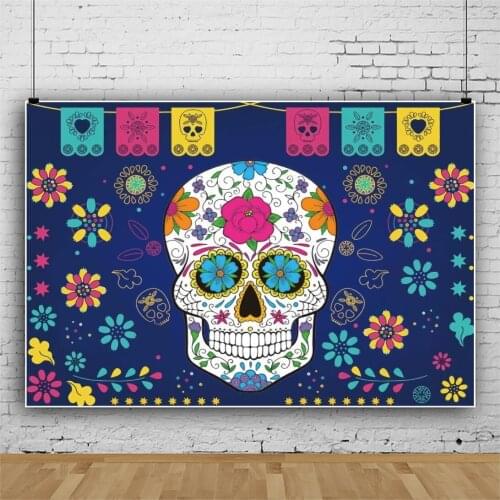 Laeacco Day of the Dead Backdrop For Mexican Skull Flowers Banner Photographic Photo Background Family Party Photocall Poster