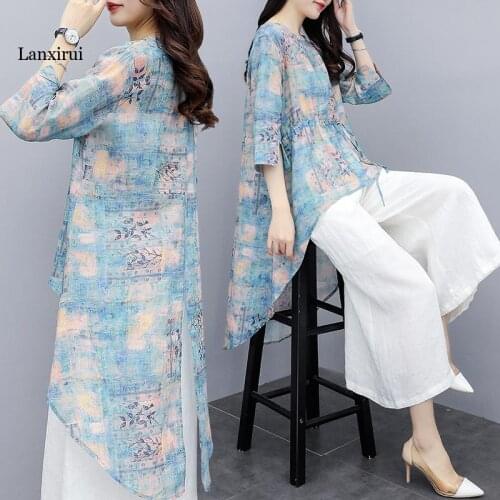 Summer Womens Set Plus Size Cotton and Linen Two-piece Casual Set Vintage Print Shirt Wide-leg Pants Fashion Suit Female