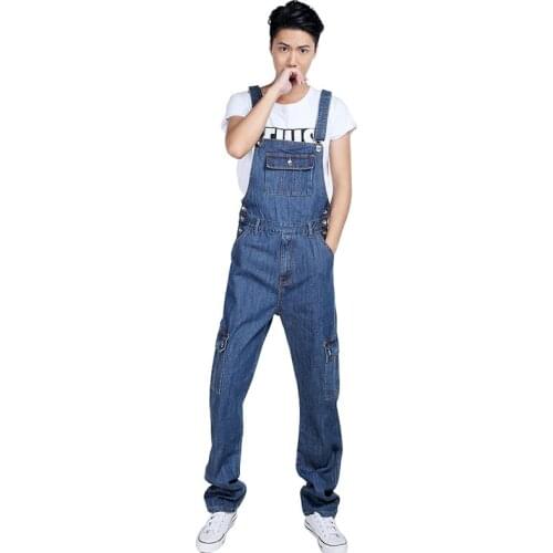 2021 Autumn Jeans Overalls Men Bib Denim Jumpsuits Loose Big Pocket Straight Classic Coverall Pants Hip Hop Blue Cowboy Trousers