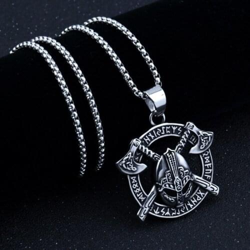 Viking Warrior Helmet Double Axe Necklace Mens Stainlss Steel Norse Runes Round Pendant Nordic Totem Amulet Jewelry Dropshipping