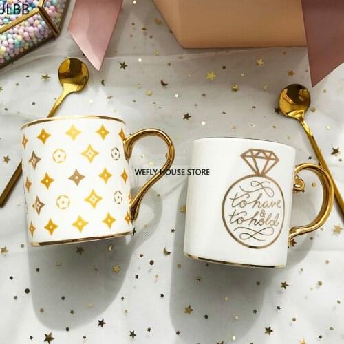 Nordic Ins Gold Circled Mug With Lid Spoon Light Luxury Creative Personality Trendy Water Cup Household Ceramic Coffee Mug