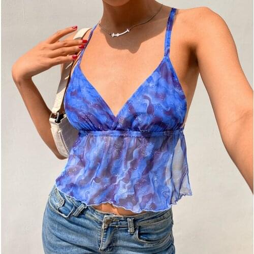 OMSJ Smmer Fantasy Sexy Backless Sling Thin Tank Top Blue Starry Sky Ripple Print Contrast Color See Through Lace-up Street Tops