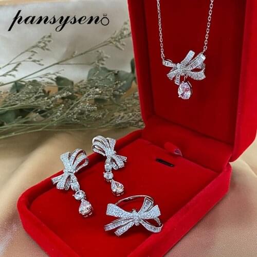 PANSYSEN 3pcs 100% Solid 925 Sterling Silver Bowknot Simulate Moissanite Diamonds Necklace Earrings Ring Wedding Jewelry Sets