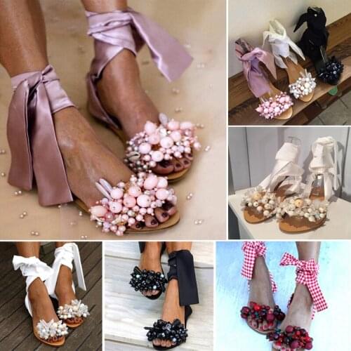 Sandals Women Flat Sandals Ankle Strap Handmade Beaded Special Womens Shoes Beach Sandals Plus Size 35-43