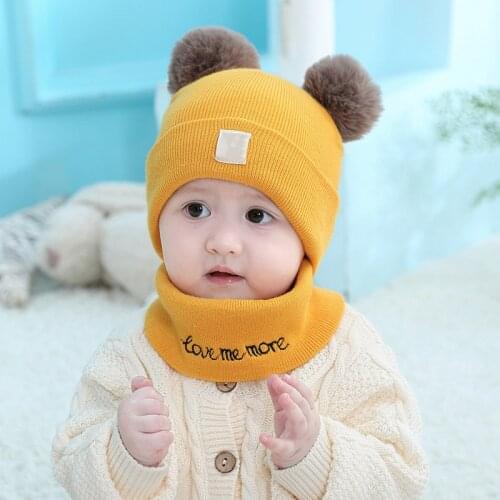 2 Pieces Baby Beanies Cap Set Baby Kid Solid Color Plush Ball Baby Girls Hat and Scarf Set Winter Warm Caps for Boys Newborn Hat