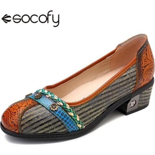 SOCOFY Retro Knot Rope Flowers Buckle Colored Splicing Black Stripes Comfortable Slip On Pumps Spring Retro Bohemian Pumps