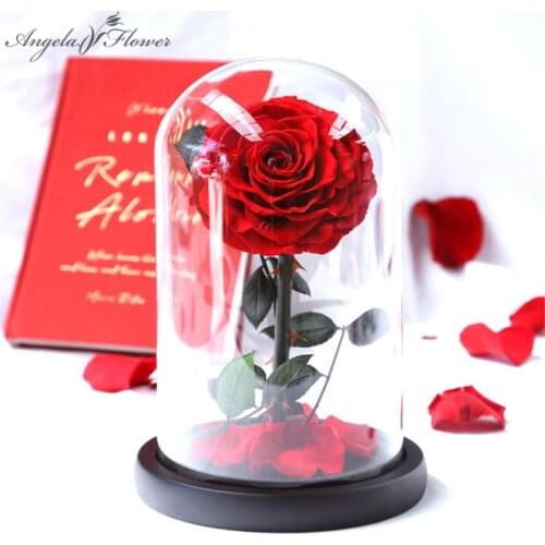 Eternal flower rose in Glass Cover Gift Box Preserved Immortal flower Valentines Day Gift Wedding Office Home Desktop Decoratio
