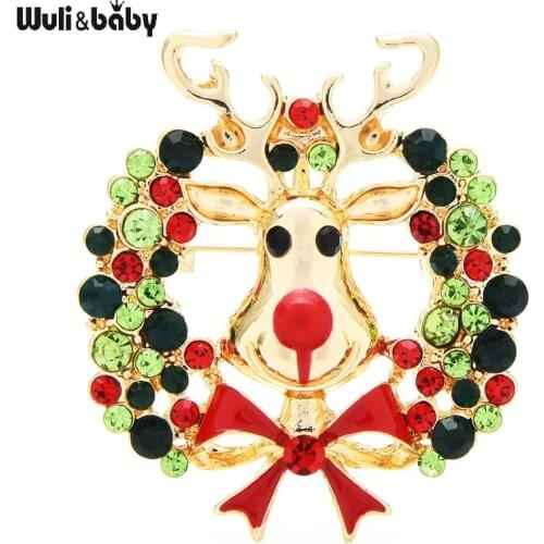 Wuli&baby Rhinestone Deer Wreath Brooch Pins Women Men Enamel Animal Flower Christmas New Year Brooches Gifts