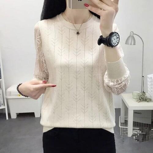 2021Spring Autumn Female Knitted Pullover Sweater O-Neck Long Sleeve Pullover Ladies Loose Lace Long Sleeve Pull Femme Top Women