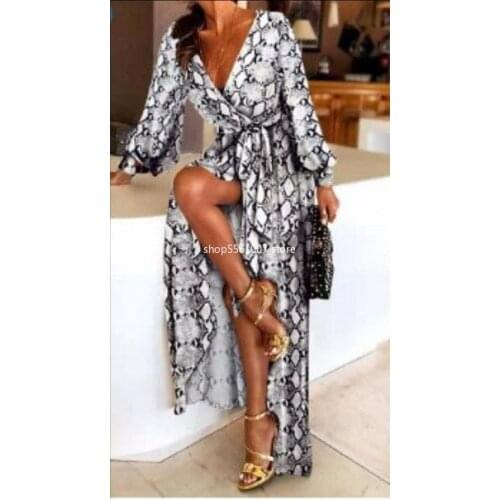 2021 Summer Sexy Fashion Women V-neck Long Sleeve Printing Long Dress Woman Dresses