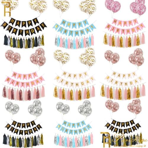 10pcs Confetti Latex Balloons Rose Gold Happy Birthday Banners Paper Tassels Baby Shower Kids Birthday Party Decoration supplies