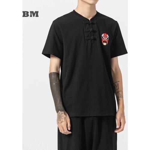 2021 Chinese Style Peking Opera Facial Makeup Print T Shirt Summer Plus Size Short Sleeve Men Clothing Oversized Hanfu Top