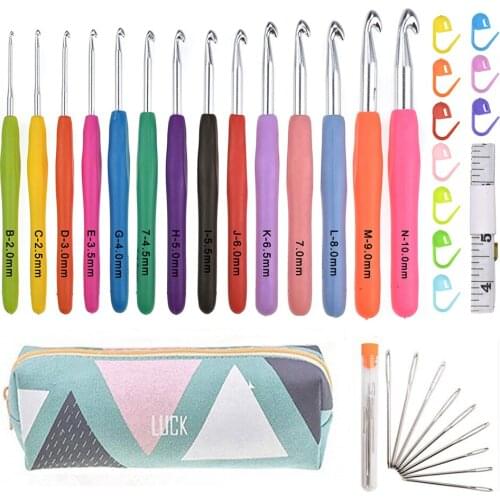 8/14pcs Aluminum Crochet Hooks Kit with Bag Soft Handles Yarn Knitting Needles Set for Sweater DIY Weave Craft Hand Sewing Tools