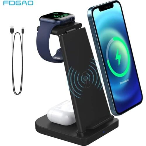 FDGAO Qi Wireless Charger Station 15W Fast Charging Dock 3 in 1 for iPhone 12 11 Pro XR XS X 8 Apple Watch 6 5 4 3 2 Airpods Pro