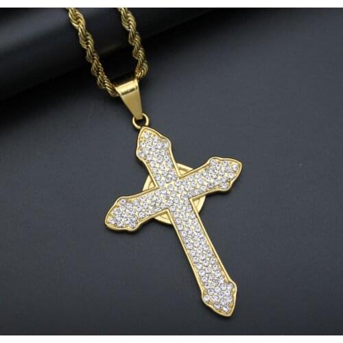 Hip hop Classic Cross rhinestone Pendant Gold color Chain Necklace Choker Necklaces Fashion Jewelry Gifts For men