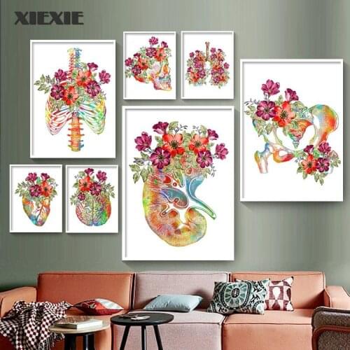 Flower Brain Heart Skull Kidney Skeleton Anatomy Canvas Painting Wall Art Print Posters for Wall Pictures Medical Clinic Decor