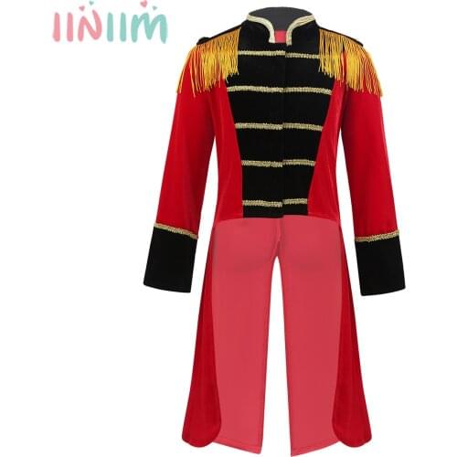 Kids Long Sleeves Stand Collar Fringes Gold Trimmings Tailcoat Jacket Boys Halloween Roleplay Party Ringmaster Circus Costumes