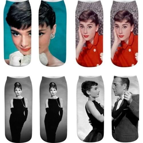 Personality 3D Printed Short Socks Audrey Hepburn Character Sock Womens Low Cut Ankle Chaussette Femme Calcetines Mujer Sox