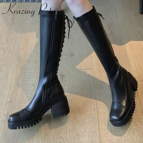 Krazing Pot European style genuine leather square toe platform thick bottom riding boots beauty lady dating knee-high boots L22