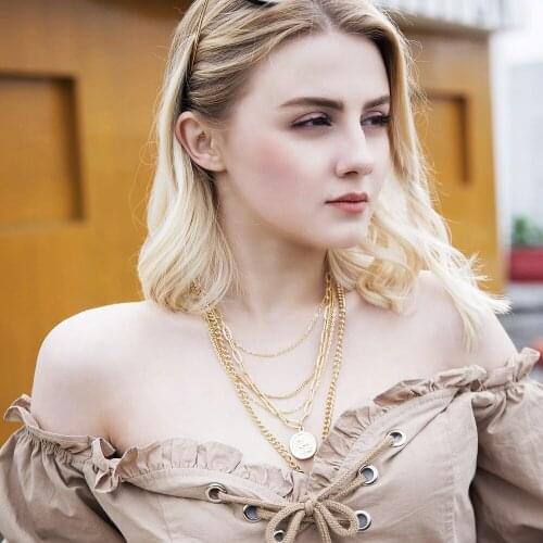 LEADERBEADS Multilayer Long Chain Necklaces Womens Vintage Alloy Carved Coin Pendant Necklace Gold Color Layered chokers Bijoux