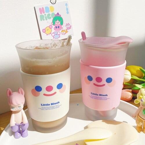 450ml Cute Frosted Glass Water Cup Coffee Milk Breakfast Cup With Spoon And Lid Portable Non-slip Mugs Coffee Drinking Cups