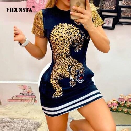 Fashion Tiger Pattern Print Casual Dress Women Sexy O Neck Short Sleeve Bodycon Party Dress Vintage Patchwork Mini Dress Vestido