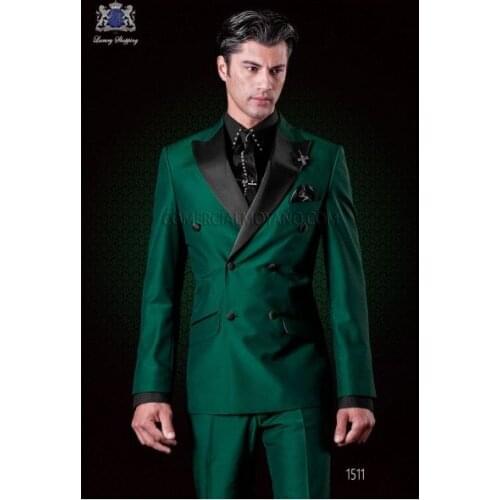 Latest Coat Pant Designs Italian Green Satin Men Suit Slim Fit 2 Piece Double Breasted Tuxedo Custom Prom Suits Blazer Masculino