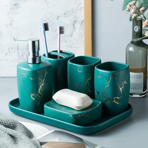 6pcs Nordic Art Marble Ceramic Bathroom Accessories Set Household Mug Soap Toothbrush Holder Tray Bathroom Supplies Wedding Gift