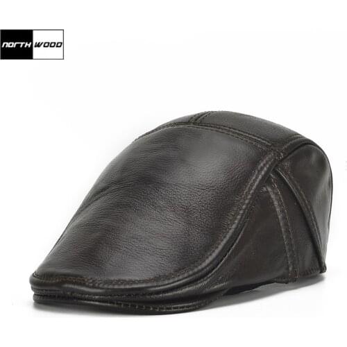 [NORTHWOOD] New Solid Cowhide Genuine Leather Beret Hat Boina Masculina Flat Cap Beret Homme High Quality Berets Cap Men