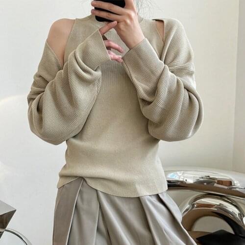 2021 New Women Fashion Slim Solid Color Round Neck Two-piece Suit Thin Shawl Sleeve Sweater Set Spring Autumn X357