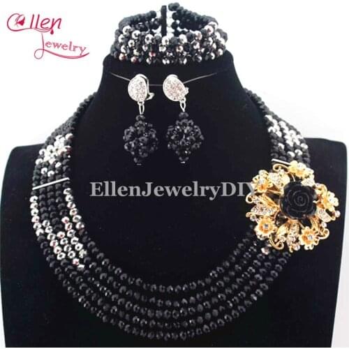 New Black Costume African Jewelry Set Nigerian Wedding Beads Bridal Necklace Jewelry Set 5 Rows Free Shipping E1071