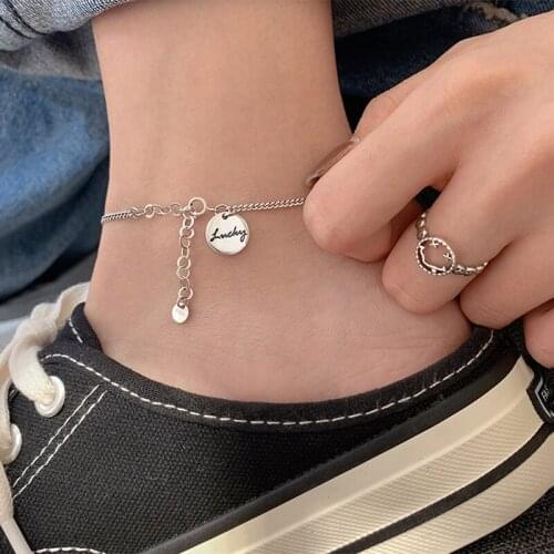 New Simple Anklet S925 Silvery Chain Dangle Round Card Carving "Lucky" Letter Fine Jewelry For Women Girl Fashion Birthday Gifts