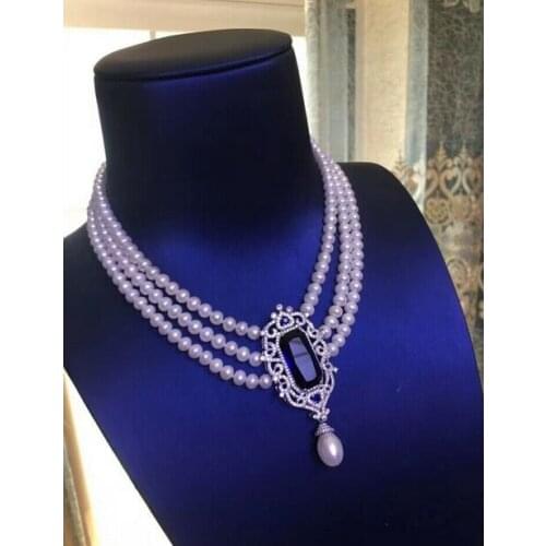 Elegant three strands 8-9mm round white pearl necklace 18" Pendant