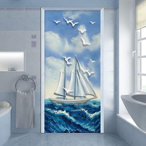 PVC Self-Adhesive Waterproof Door Sticker 3D Stereo Sea Waves Sailing Oil Painting Door Decal Living Room Bathroom Door Stickers