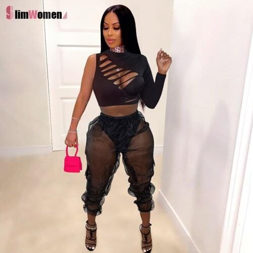 2PCS Mesh See-through Cargo Pants Hole One Shoulder Crop Top Shirt Patchwork Fashion Summer Loose Trousers Women Pant Streetwear