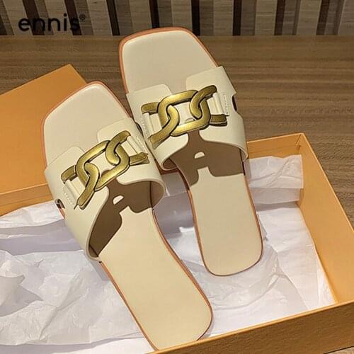 ENNIS Brand Womens Slippers Flat Shoes Genuine Leather Sliders Shoes Summer Flip Flops Outdoor Female Beige Black Brown M107