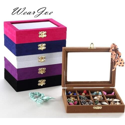 Glass Top 12 Grids Ring Earring Jewelry Storage Velvet Gift Box Organizer Jewellery Accessories Package&Display Casket 5 Colors