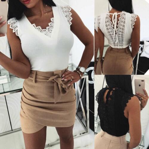 2019 Womens Summer Fashion V-Neck Solid Lace Tees Sexy Ladies Vest Girls Sleeveless Casual T-Shirt