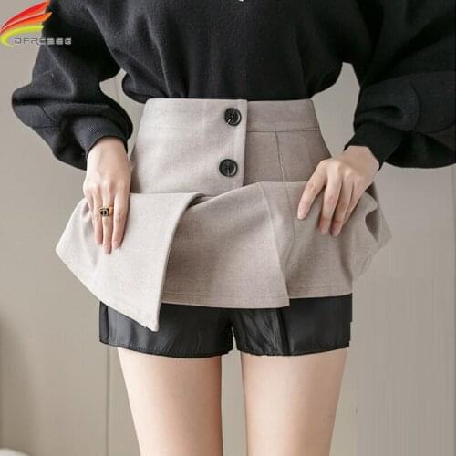 Autumn Winter Wool Blends Skirt Women 2021 New Arrivals Buttons Pleated High Waist A Line Mini Skirts Beige Black faldas mujer