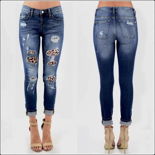 Female Stretch Ripped Navy Blue Skinny Jeans Sexy Leopard Destroyed Hole Patchwork Slim Washed Denim Pants Casual Pencil Trouser