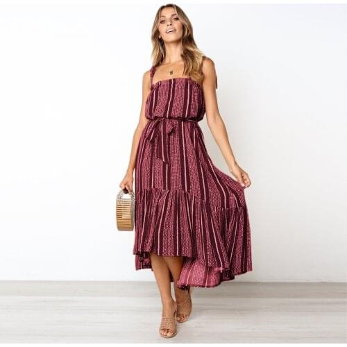 Bohemian Style Summer Women Casual Loose Print Beach Dress Fashion Sexy Ruffles Spaghetti Strap Asymmetrical Bandage Dress