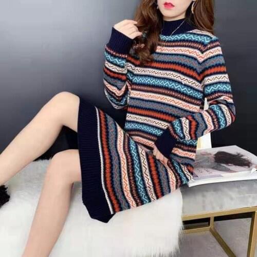 Autumn And Winter Fashion New Women Middle Long Stripe Knee Length Wool Dress Female Loose Long Sleeve Hooded Pullover Knitted
