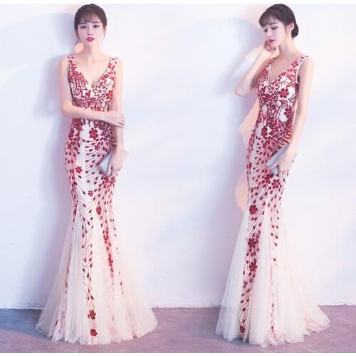 Sleveless Evening Dresses Elegant Mermaid Formal Dress Tull Sequind Prom Gown Lace Robe De Soriee Long Evening Party Dress