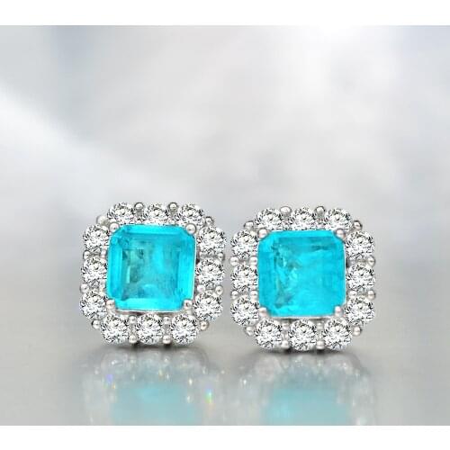 100% 925 Sterling Silver Square Created paraiba tourmaline Gemstone Stud Earrings Ear Studs Earrings Ladies Fine Jewelry