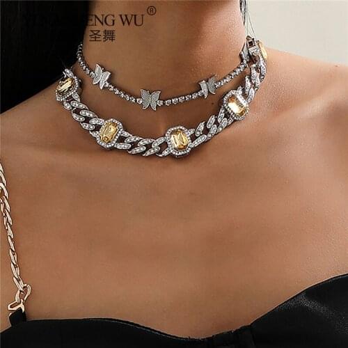 2Pcs Shiny Rhinestone Butterfly Choker Necklace for Female Trendy Crystal Cuban Chunky Chain Tennis Chain Necklace Jewelry Gift