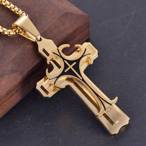 2020 New Fashion Stainless Steel Necklace Men Large Gold Color Three-Layer Cross Pendant Necklace